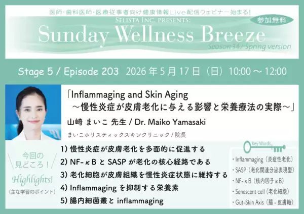 《医師・歯科医師・薬剤師向け》無料オンラインセミナー5/17(日)朝10時開催『Inflammaging and Skin Aging～慢性炎症が皮膚老化に与える影響と栄養療法の実際～』山崎まいこ先生(まいこホリスティックスキンクリニック／院長)