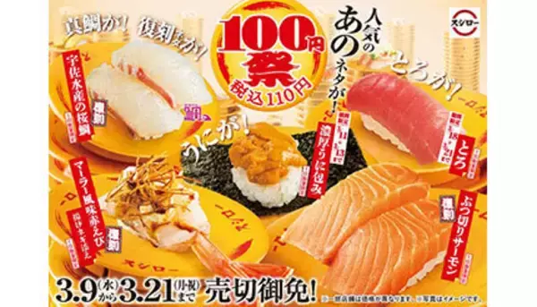 スシロー、人気のネタが110円に！ 期間限定の100円祭、濃厚うに包みや“とろ”も対象
