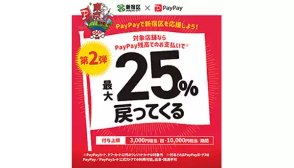 新宿区の対象店舗で期間中最大1万円相当・25％還元　楽天ペイ・PayPay・au PAY・d払いで