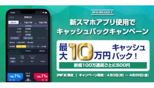 「FX取引アプリ」で最大10万円キャッシュバック！100万通貨ごとに500円
