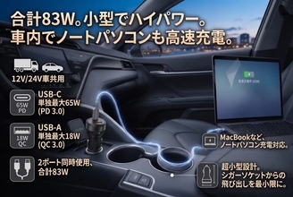 ノートPCも急速充電、車内が“オフィス”に変わる最大83W出力の車載用PD充電器
