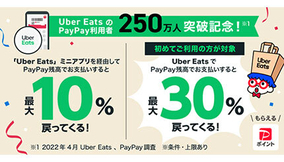 PayPay×Uber Eatsで最大30％還元キャンペーン、利用者250万人突破記念