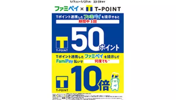 ファミペイでTポイント50ポイントもらえる、ポイント10倍キャペーンも