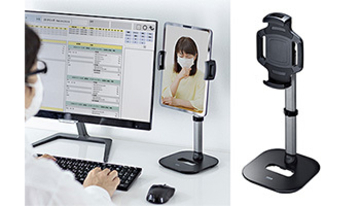 iPadの高さが伸縮アームで調節できる、サンワサプライの「タブレットスタンド」