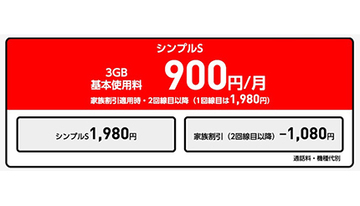 ワイモバイル、家族割引を1080円に増額　月間3GB・シンプルSで月額900円から