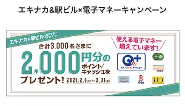 抽選で2000円バック！　QUICPay×エキナカ＆駅ビルの電子マネーキャンペーン
