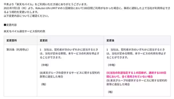 楽天モバイル、約款を変更、連続180日間利用のない1回線目を通知の上で利用停止に