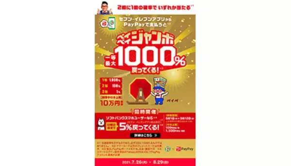 抽選で当たる「ペイペイジャンボ」が本日開始！　セブン-イレブンアプリ限定　8月29日まで