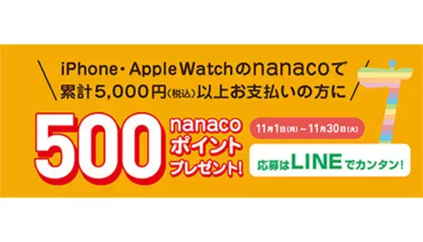 もれなく500nanacoポイントプレゼント！　iPhone・Apple Watchのnanaco期間累計5000円以上利用で
