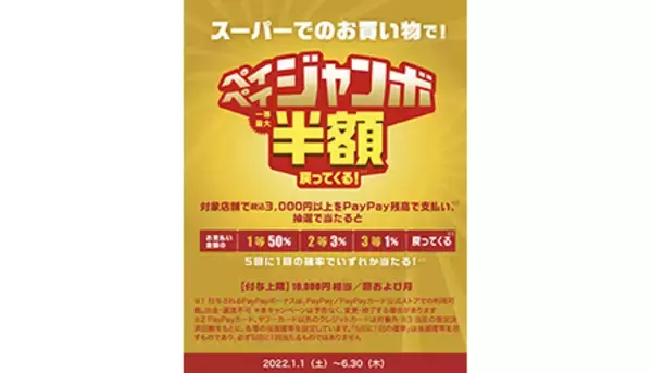 3000円以上のPayPay決済で最大50％戻る「スーパーマーケットジャンボ」　半年毎月開催
