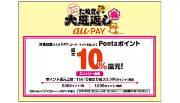 au PAYで最大10％還元「たぬきの大恩返し 春」　要エントリー
