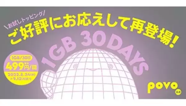 期間限定で復活、povo2.0「1GB（30日間）499円」