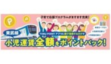 東武鉄道、1月13日から小児運賃を全額ポイントバック
