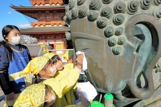 大きい顔　園児がピカピカに　銚子・円福寺　大仏の垢落とし