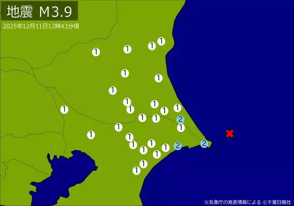 【速報】関東で地震　Ｍ３．９　震源は千葉県東方沖　地震が及んだ地域人口１８６万人