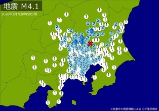 関東・中部で地震　Ｍ４．１　東京、神奈川、埼玉、千葉、静岡などで揺れ　最大震度３　震源は茨城県南部　地震が及んだ地域人口４０６５万人