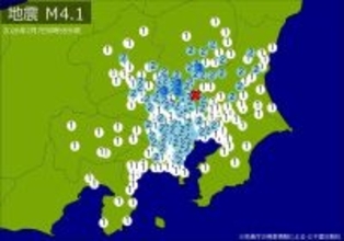 関東・中部で地震　Ｍ４．１　東京、神奈川、埼玉、千葉、静岡などで揺れ　最大震度３　震源は茨城県南部　地震が及んだ地域人口４０６５万人