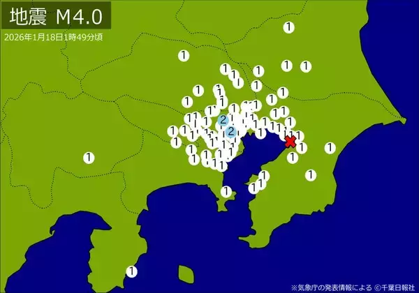 深夜に関東・中部で地震　Ｍ４．０　東京、神奈川、埼玉、千葉、静岡などで揺れ　震源は千葉県北西部　地震が及んだ地域人口２３３４万人
