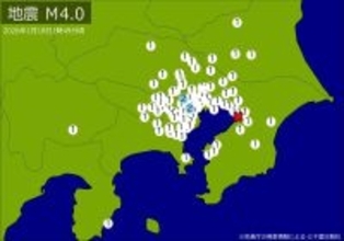 深夜に関東・中部で地震　Ｍ４．０　東京、神奈川、埼玉、千葉、静岡などで揺れ　震源は千葉県北西部　地震が及んだ地域人口２３３４万人