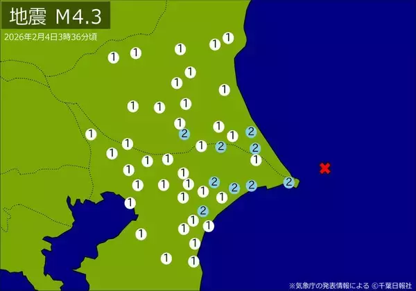 未明に関東で地震　Ｍ４．３　震源は千葉県東方沖　地震が及んだ地域人口３９１万人