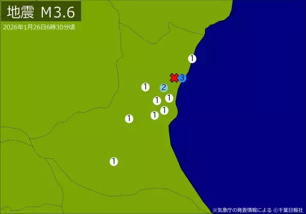 早朝に関東で地震　Ｍ３．６　最大震度３　震源は茨城県北部　地震が及んだ地域人口１００万人