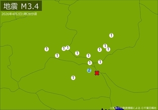 関東で地震　Ｍ３．４　震源は埼玉県北部　地震が及んだ地域人口１９５万人