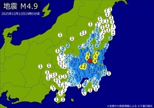【速報】関東・東北・中部で地震　Ｍ４．９　東京、神奈川、埼玉、千葉、静岡などで揺れ　最大震度４　震源は茨城県南部　地震が及んだ地域人口４５３２万人