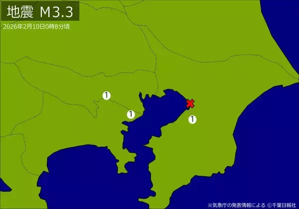 深夜に関東で地震　Ｍ３．３　東京、神奈川、千葉で揺れ　震源は千葉県北西部　地震が及んだ地域人口７４万人