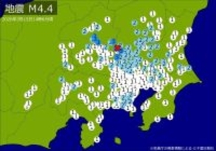 【速報】関東・中部で地震　Ｍ４．４　東京、神奈川、埼玉、千葉、静岡などで揺れ　最大震度３　震源は群馬県南部　地震が及んだ地域人口３８６２万人