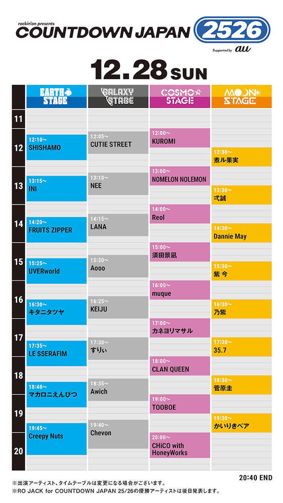 『COUNTDOWN JAPAN 25/26』が12月27日から開催。タイムテーブル