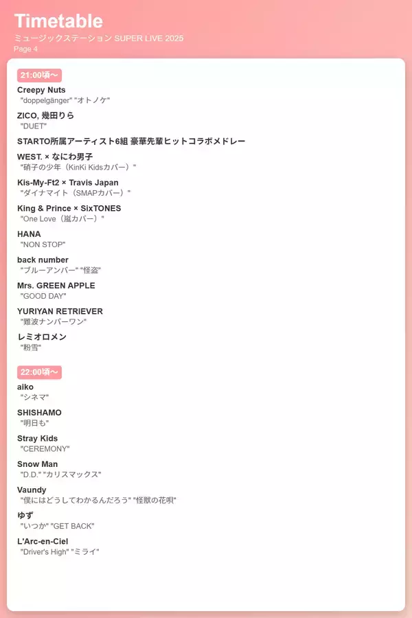 「『ミュージックステーション SUPER LIVE 2025』12月26日放送。タイムテーブル＆出演者＆歌唱曲」の画像