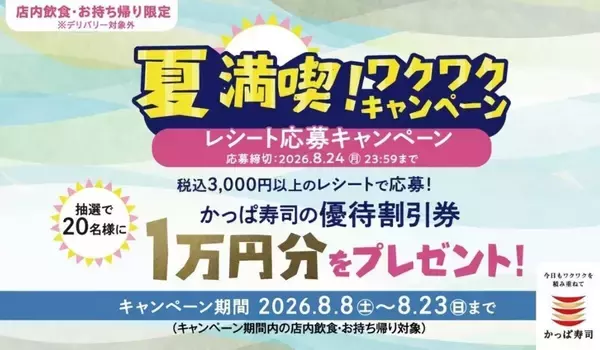 かっぱ寿司、1万円分の優待割引券が当たるプレゼントキャンペーンを開催!