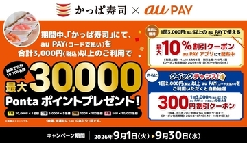 かっぱ寿司、au PAY利用で最大2,100円割引&amp;最大3万Pontaポイントが当たるキャンペーン開催