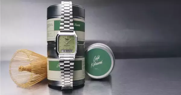 カシオ、「Café Kitsuné」とコラボした抹茶グリーンのアナデジ時計「AQ-230ECK」