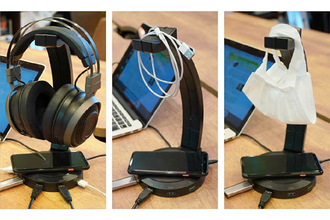 USBハブやワイヤレス充電器を備えるヘッドホンスタンド　サンコー