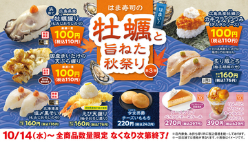 「はま寿司の牡蠣と旨ねた秋祭り 第3弾」スタート – 広島県産牡蠣を110円で堪能