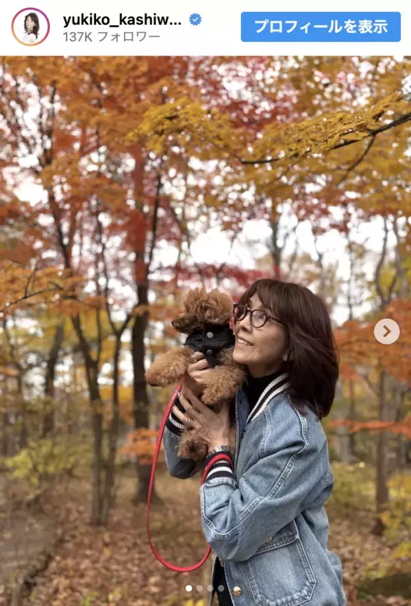 柏木由紀子77歳、紅葉の中で見せた笑顔が眩しい「いつも若々しくて美しい」「コーデも素敵」