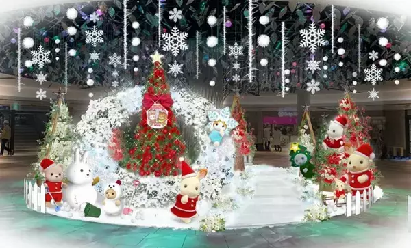 「シルバニアファミリー」がクリスマス装飾に！　生花を用いて大阪“ホワイティうめだ”に展開
