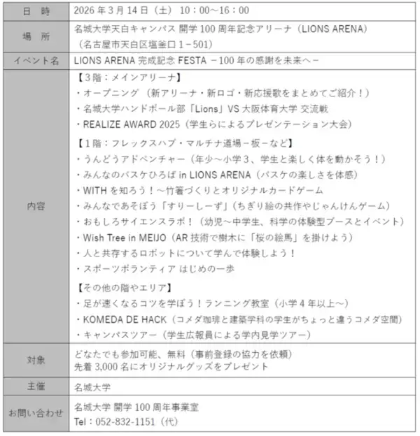 「【名城大学】開学100周年記念アリーナ（LIONS ARENA） 3月14日、竣工記念イベントを開催　LIONS ARENA 完成記念 FESTA ー100年の感謝を未来へー」の画像