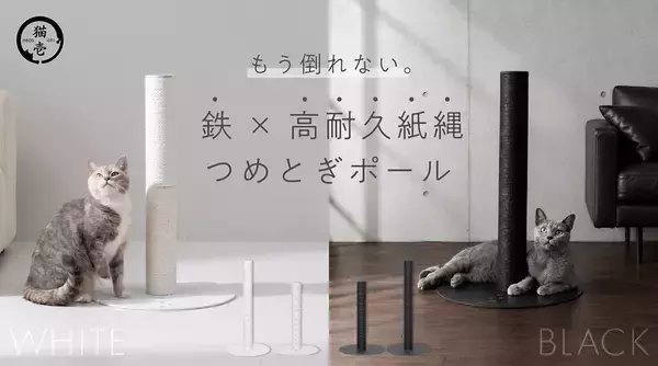 猫が飛びついても“もう倒れない”「バリバリつめとぎポール 紙縄 アイアン」新発売 薄さ5mm鉄製ベースの安定感×研ぎカスがでにくい紙縄