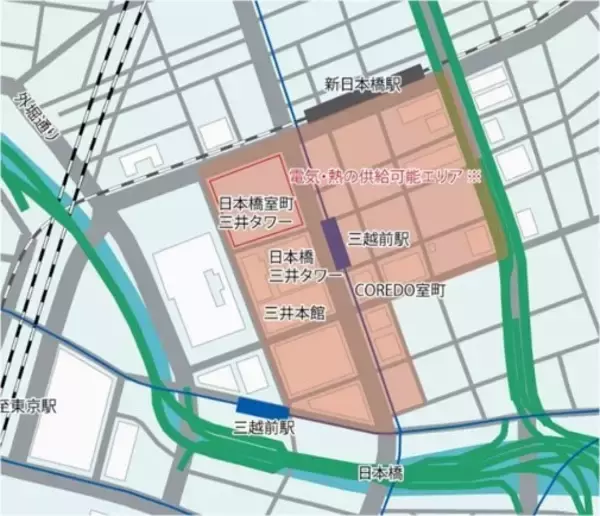 「国内初、三井不動産グループとJパワーグループが連携しエリアBCPと脱炭素を両立日本橋・豊洲エリアの「スマートエネルギープロジェクト」グリーン電力化」の画像