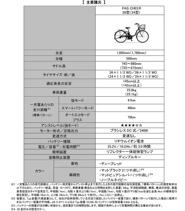 「電動アシスト自転車「PAS CHEER」2026年モデルを発売～容量アップした新型バッテリーを採用し高い利便性を実現～」の画像