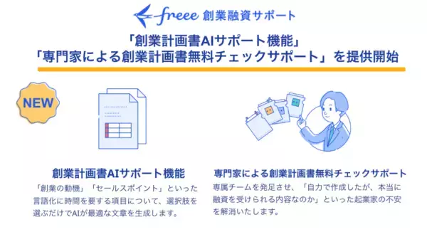 freee創業融資サポート、「創業計画書AIサポート機能」と「専門家による創業計画書無料チェックサポート」を提供開始