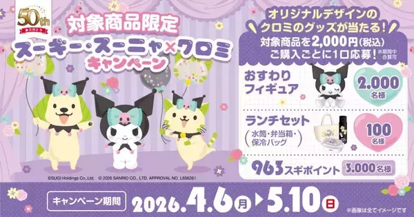 「【スギ薬局創業50周年】スギ薬局グループ公式キャラクター スーギー・スーニャがサンリオのクロミと初コラボ！サンリオキャラクター大賞 パートナー部門にもエントリーぜひ応援してください♪」の画像