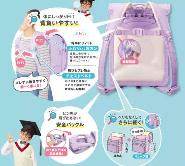 「新発売ユニーオリジナルの多機能ランドセル3月24日予約受付開始 「ふわりぃMagical Cube」デビュー大容量かつ軽量背負いやすさとタブレットPC収納に配慮し通学が楽になる便利な機能が盛りだくさん」の画像