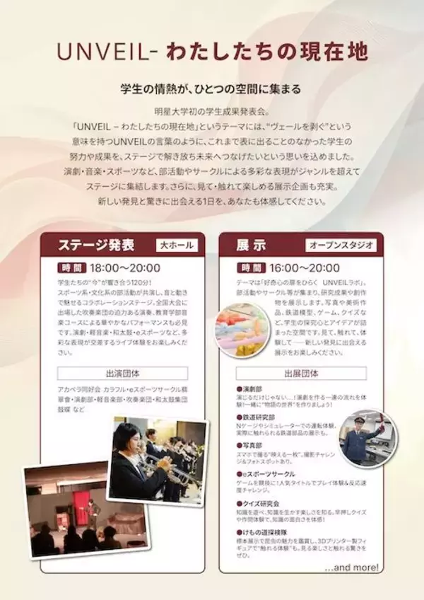 「【明星大学】学生の成果を地域にひらく初の試みー多摩地域とつながる「第１回学生成果発表イベント　UNVEILわたしたちの現在地」をパルテノン多摩で開催」の画像