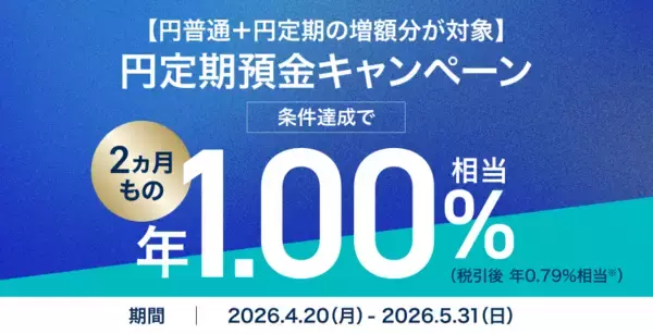 住信SBIネット銀行、「【円普通＋円定期の増額分が対象】円定期預金２ヵ月ものキャンペーン」実施のお知らせ