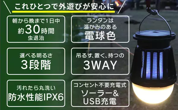 「薬剤不使用で身体にやさしい「電撃殺虫ランタン」新発売」の画像