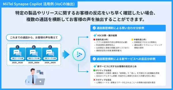 「レブコム、「MiiTel Synapse Copilot」に複数通話のVoC分析やインサイト抽出が可能な横断質問機能を実装」の画像