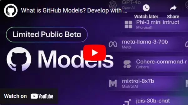 「GitHub Models、新世代のAIエンジニアの育成を支援 ～Codespacesのモデルを使ったコーディングやAzure経由での本番環境へのデプロイを可能にする限定パブリックベータ版を提供開始～」の画像